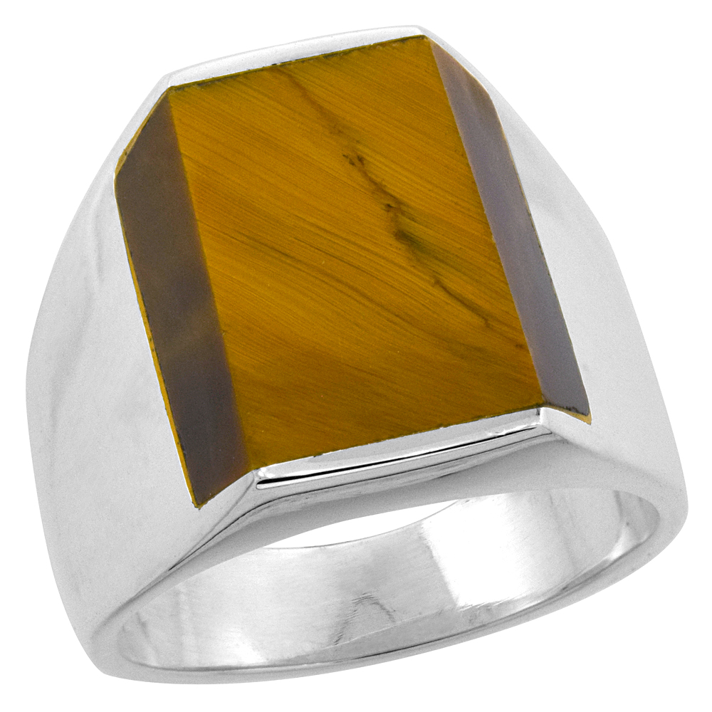 STERLING SILVER TIGER EYE RING FOR MEN RECTANGULAR FLAT SOLID BACK HANDMADE SIZES 9-13