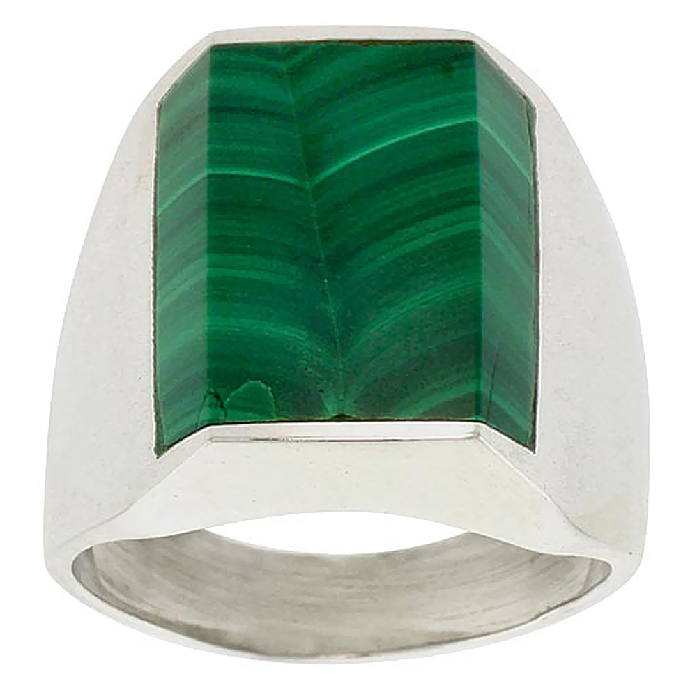 STERLING SILVER MALACHITE RING FOR MEN RECTANGULAR FLAT SOLID BACK HANDMADE SIZES 9 - 13