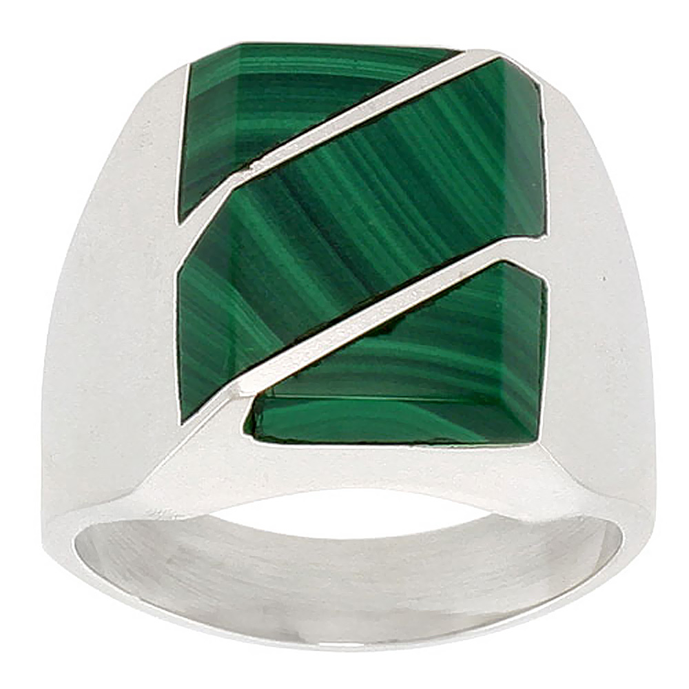 STERLING SILVER MALACHITE RING FOR MEN SQUARE DIAGONAL STRIPES SOLID BACK HANDMADE SIZES 9 - 13