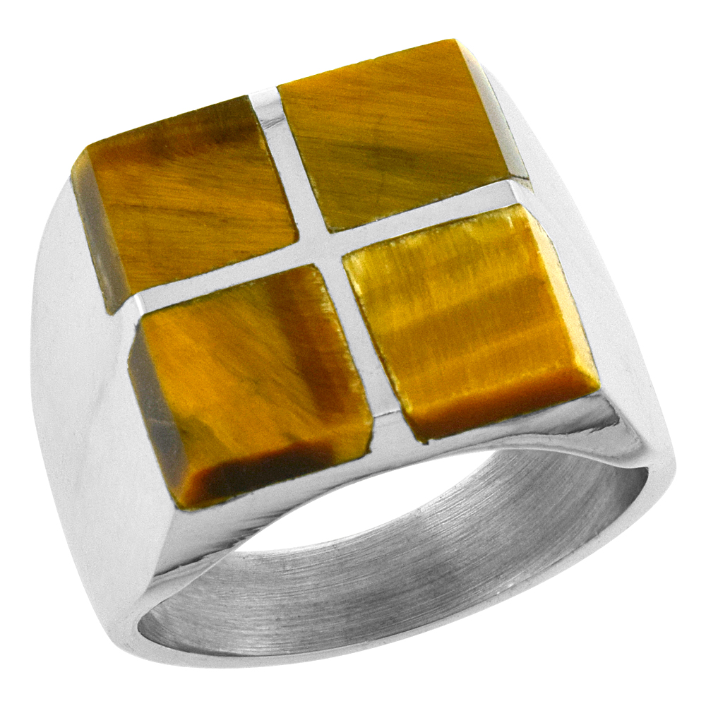 Sterling Silver Tiger Eye Ring for Men Square Cross Solid Back Handmade sizes 9-13