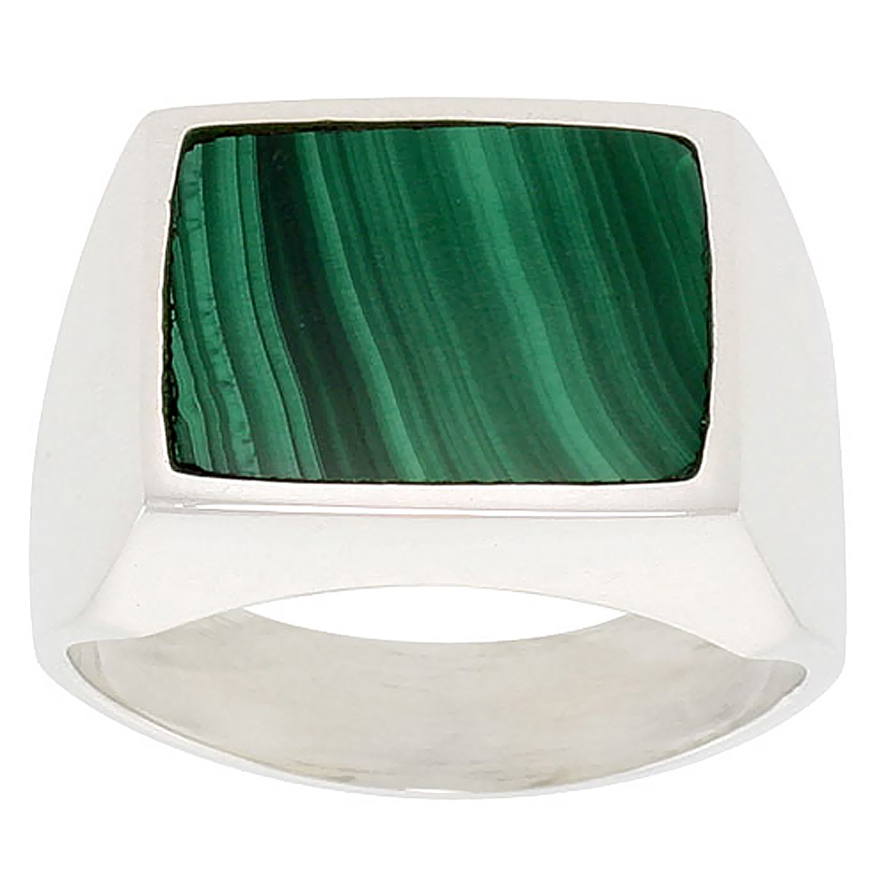 STERLING SILVER MALACHITE RING FOR MEN LARGE SQUARE FLAT SOLID BACK HANDMADE SIZES 9 - 13