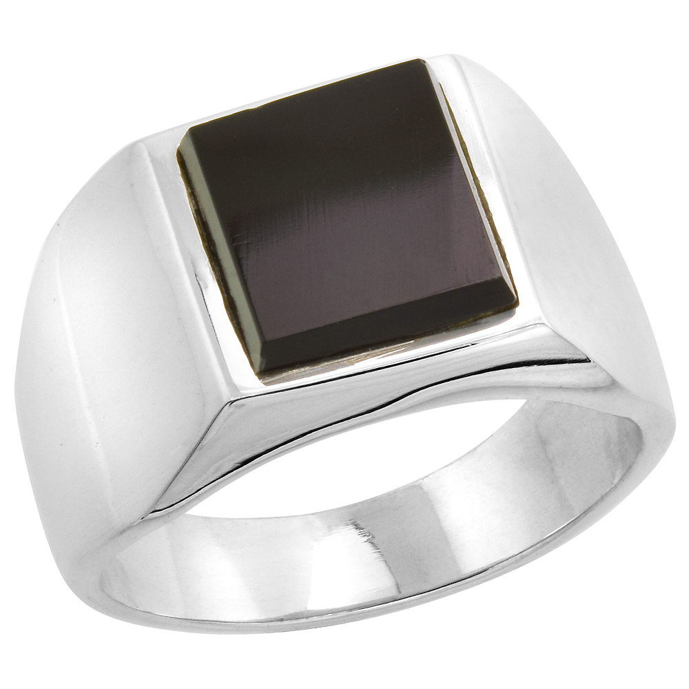 STERLING SILVER BLACK OBSIDIAN RING FOR MEN SQUARE FLAT SOLID BACK HANDMADE SIZES 9 - 13