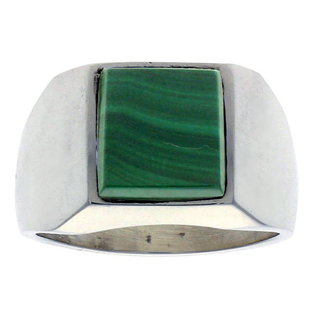 STERLING SILVER MALACHITE RING FOR MEN SQUARE FLAT SOLID BACK HANDMADE SIZES 9 - 13