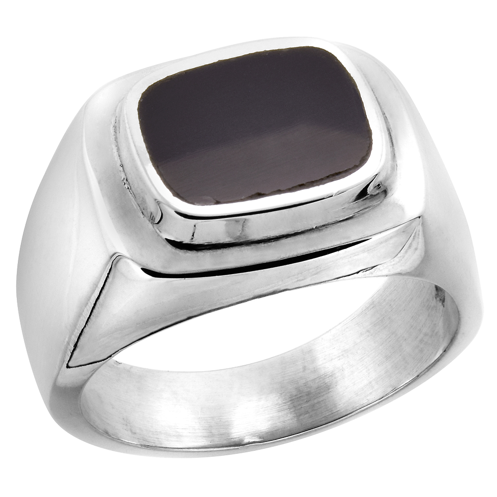 STERLING SILVER BLACK OBSIDIAN RING FOR MEN ROUNDED RECTANGULAR RAISED SOLID BACK HANDMADE SIZES 9 - 13