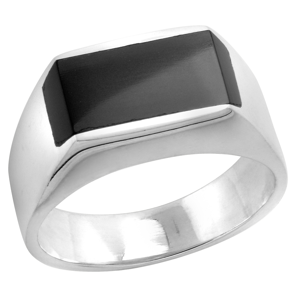 STERLING SILVER BLACK OBSIDIAN RING FOR MEN SLIM RECTANGULAR FLAT SOLID BACK HANDMADE, SIZES 9 - 13
