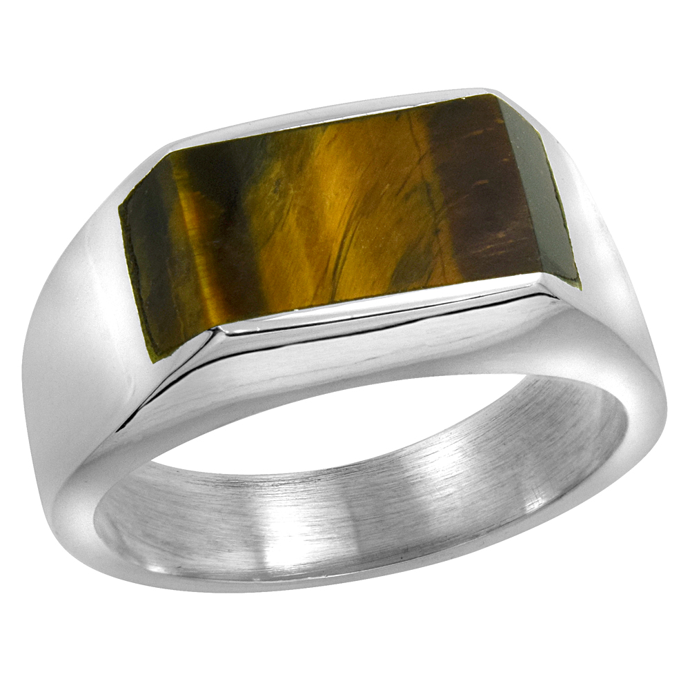 Sterling Silver Tiger Eye Ring for Men Slim Rectangular Flat Solid Back Handmade sizes 9-13