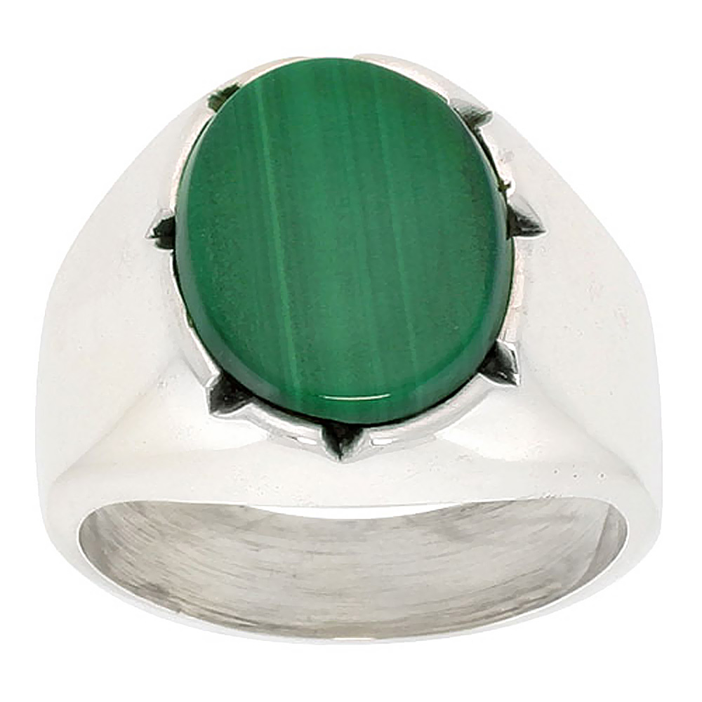 Sterling Silver Malachite Ring for Men Large Oval Notched Bezel Solid Back Handmade sizes 9 - 13