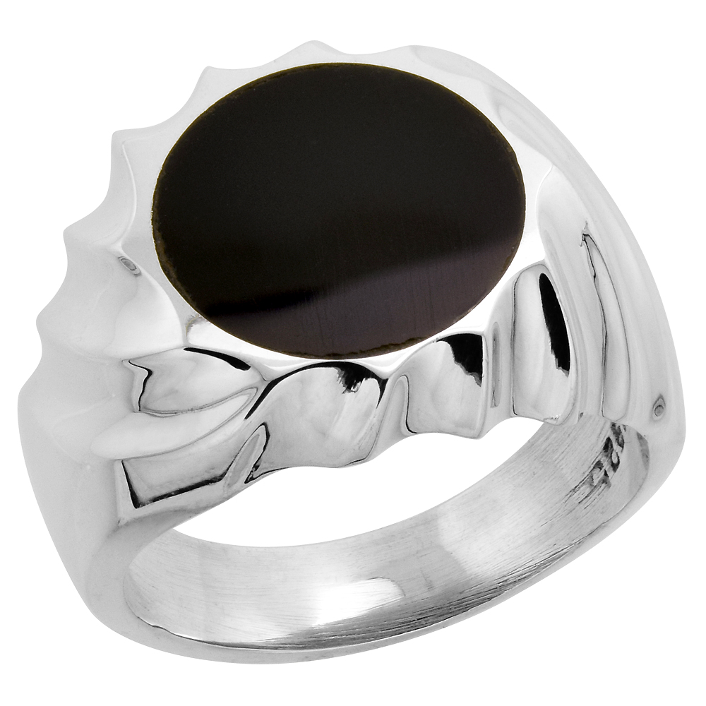 Sterling Silver Black Obsidian Ring for Men Round Spiral Bezel Solid Back Handmade sizes 9 - 13