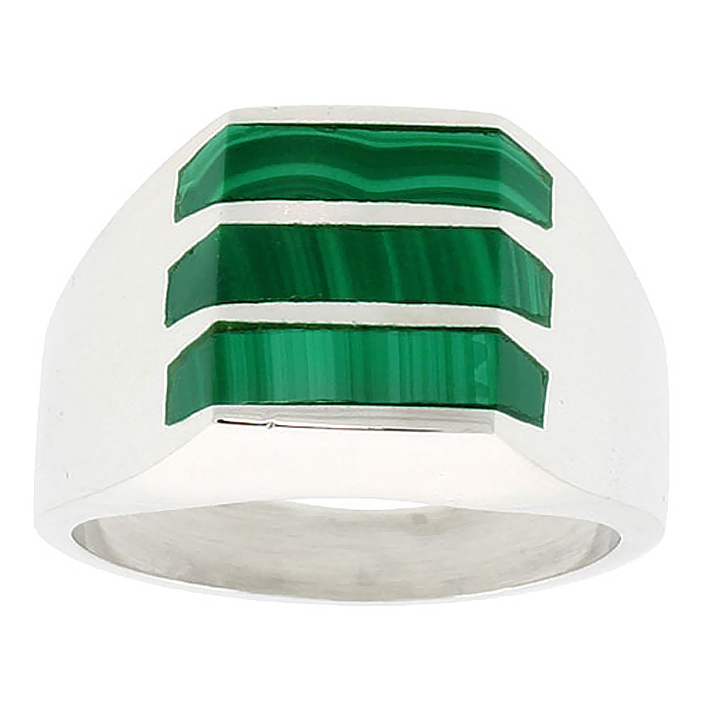 STERLING SILVER MALACHITE RING FOR MEN SQUARE TRIPLE STRIPE SOLID BACK HANDMADE SIZES 9 - 13