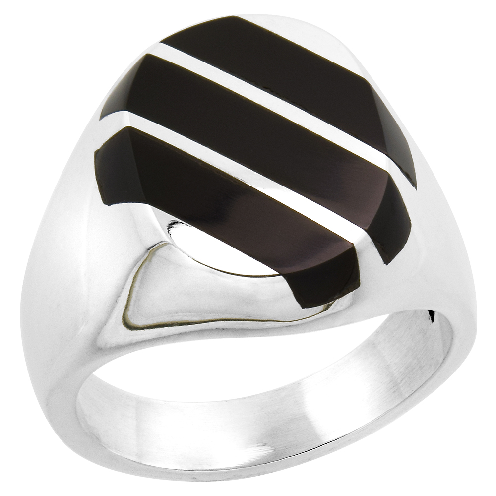 STERLING SILVER BLACK OBSIDIAN RING FOR MEN LARGE OVAL 3 STRIPE DIAGONAL SOLID BACK HANDMADE SIZES 9 - 13