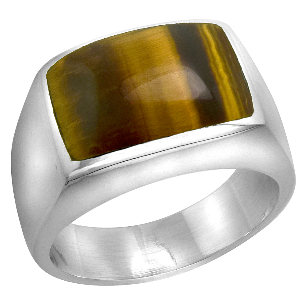 STERLING SILVER TIGER EYE RING FOR MEN RECTANGULAR DOMED SOLID BACK HANDMADE SIZES 9-13