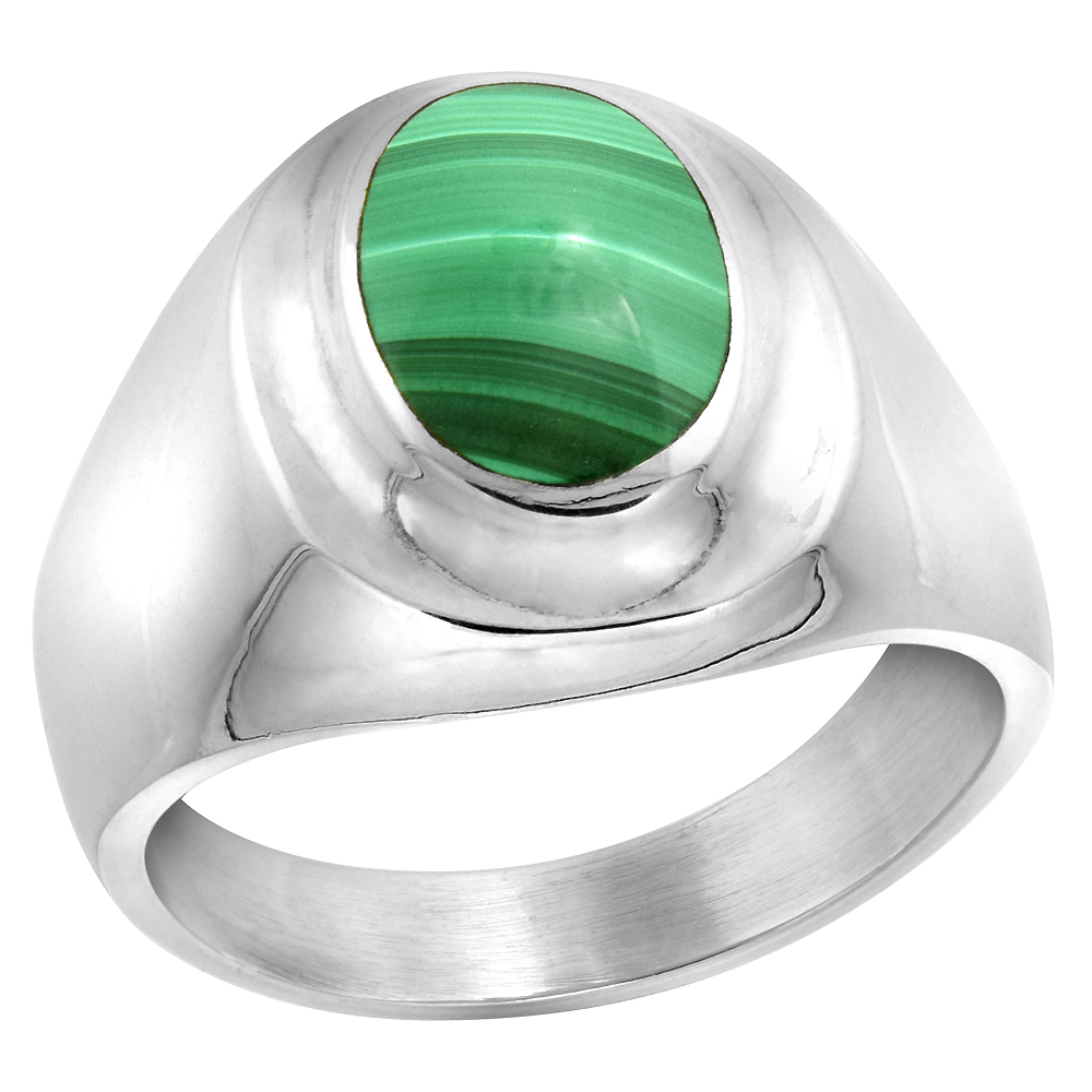 STERLING SILVER MALACHITE RING FOR MEN OVAL RECESSED RIM SOLID BACK HANDMADE SIZES 9 - 13