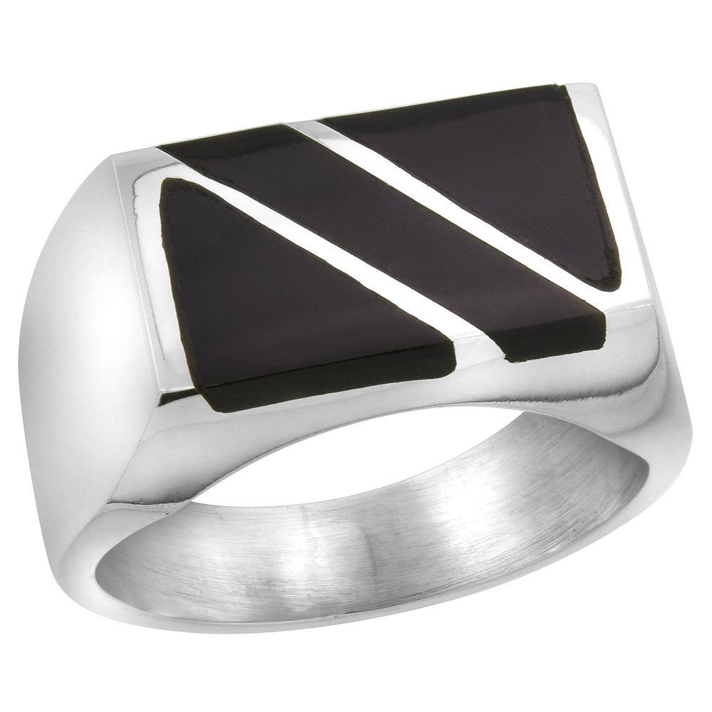 STERLING SILVER BLACK OBSIDIAN RING FOR MEN RECTANGULAR DIAGONAL STRIPE SOLID BACK HANDMADE SIZES 9 - 13