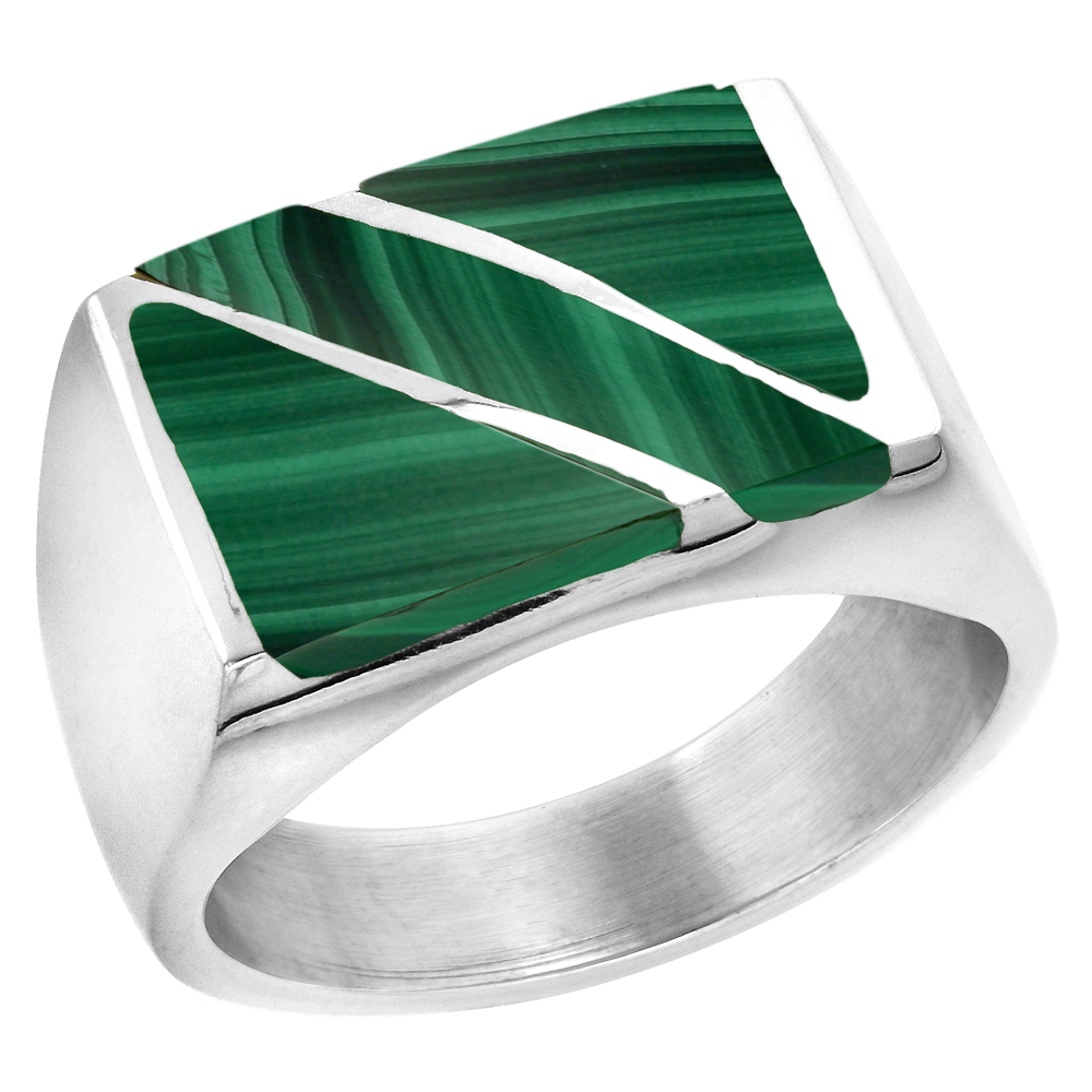 STERLING SILVER MALACHITE RING FOR MEN RECTANGULAR DIAGONAL STRIPE SOLID BACK HANDMADE SIZES 9 - 13