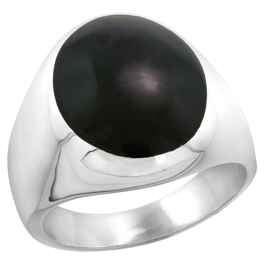 STERLING SILVER BLACK OBSIDIAN RING FOR MEN LARGE OVAL DOMED SOLID BACK HANDMADE SIZES 9 - 13