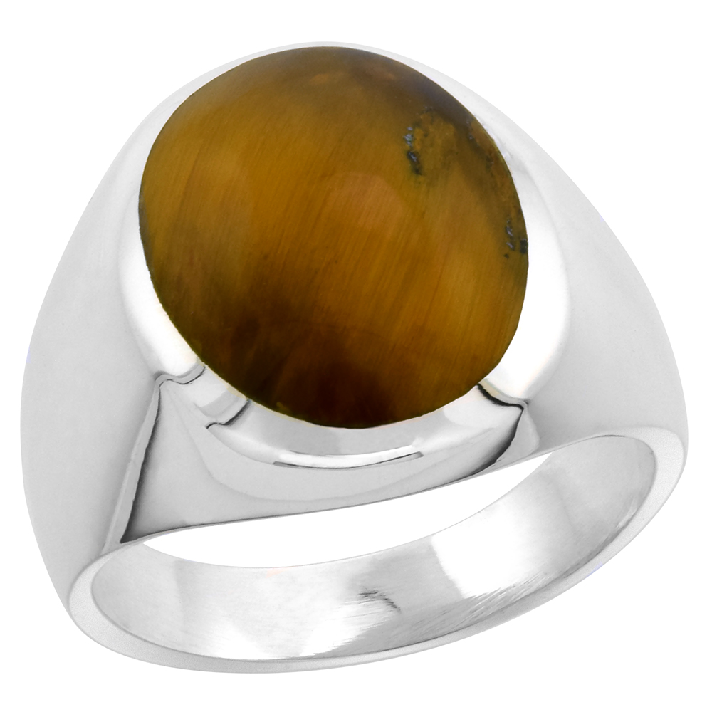Sterling Silver Tiger Eye Ring for Men Large Oval Domed Solid Back Handmade, sizes 9-13