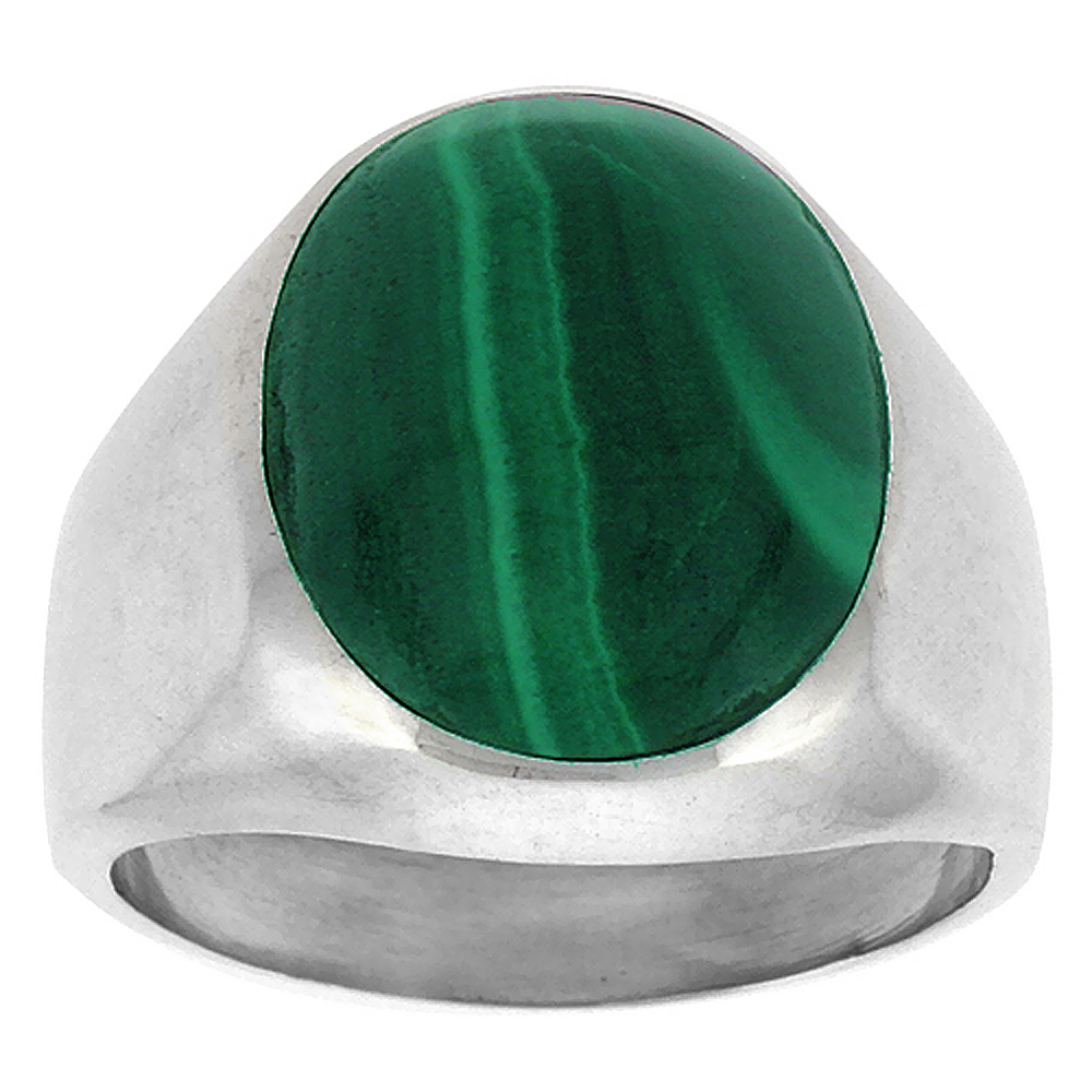 Sterling Silver Malachite Ring for Men Large Oval Domed Solid Back Handmade sizes 9 - 13