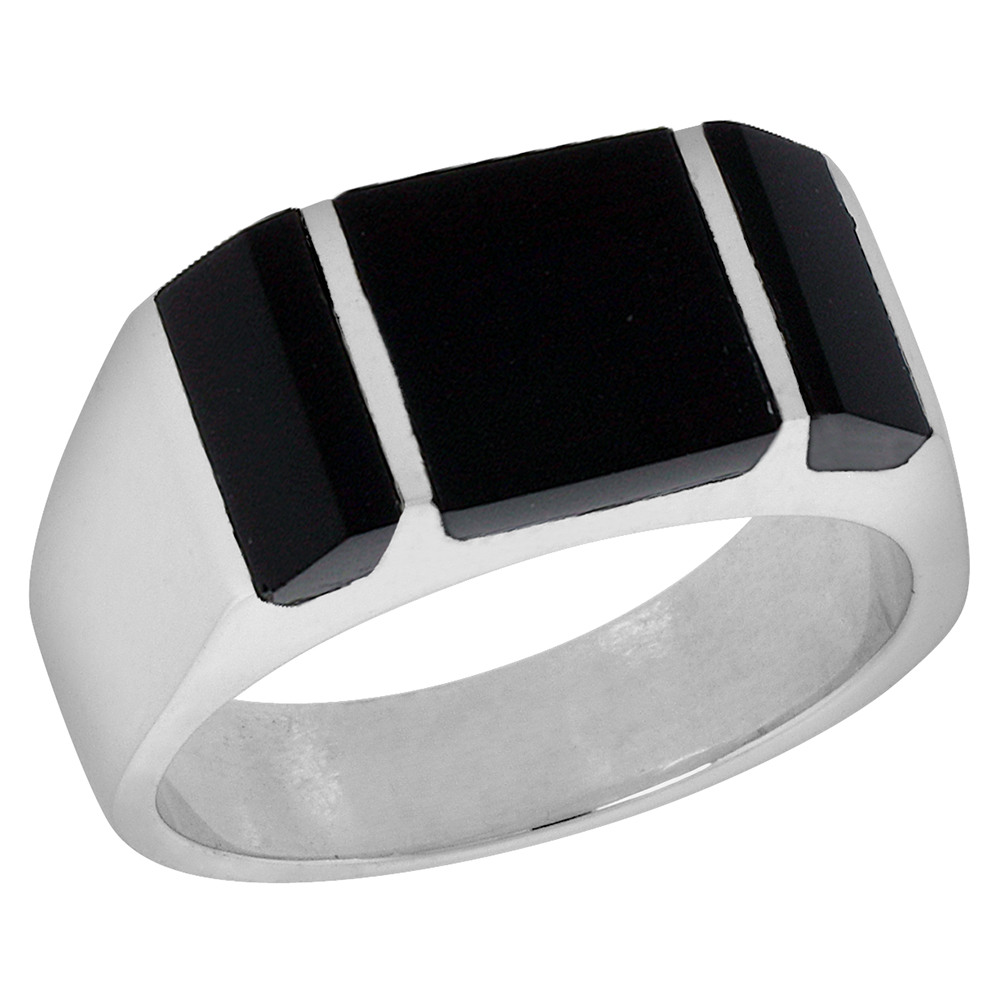 STERLING SILVER BLACK OBSIDIAN RING FOR MEN RECTANGULAR STRIPED SOLID BACK HANDMADE SIZES 9 - 13