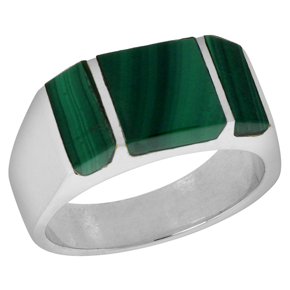 STERLING SILVER MALACHITE RING FOR MEN RECTANGULAR STRIPED SOLID BACK HANDMADE SIZES 9 - 13