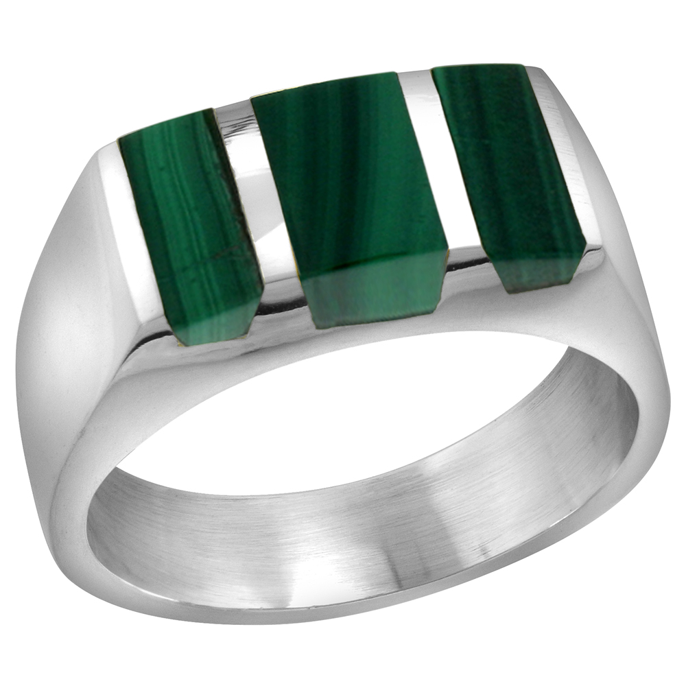 STERLING SILVER MALACHITE RING FOR MEN RECTANGULAR STRIPED SOLID BACK HANDMADE SIZES 9 - 13