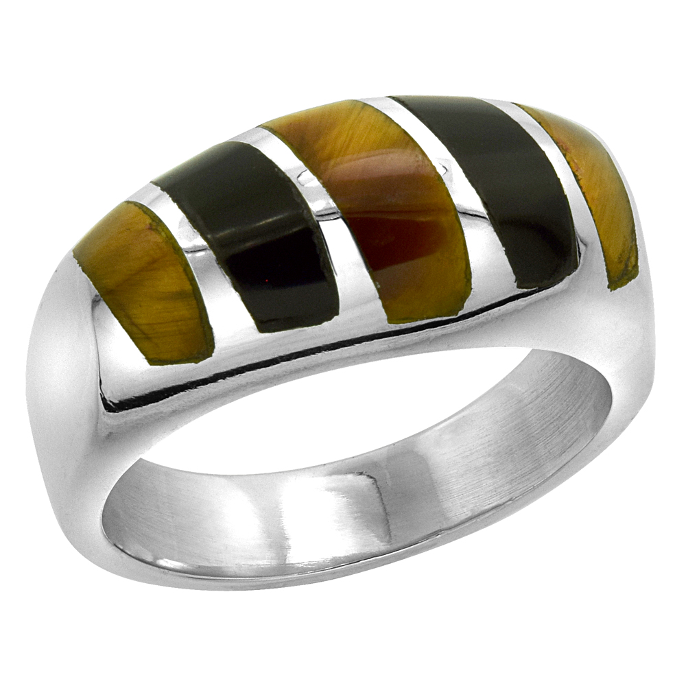 STERLING SILVER OBSIDIAN & TIGER EYE RING FOR MEN OVAL VERTICAL STRIPES SOLID BACK HANDMADE SIZES 9-13