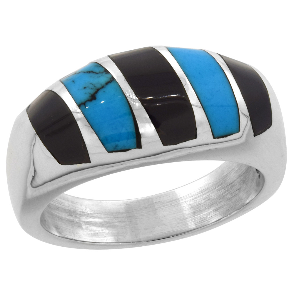 STERLING SILVER BLACK OBSIDIAN & RECONSTITUTED TURQUOISE RING FOR MEN OVAL VERTICAL STRIPES SOLID BACK HANDMADE SIZES 7.5 - 13