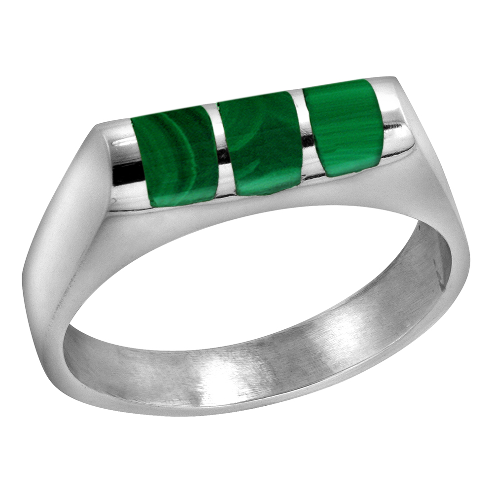 Sterling Silver Malachite ring for Women and men Half Tube 3 Stripes Solid Back Handmade sizes 7 - 10