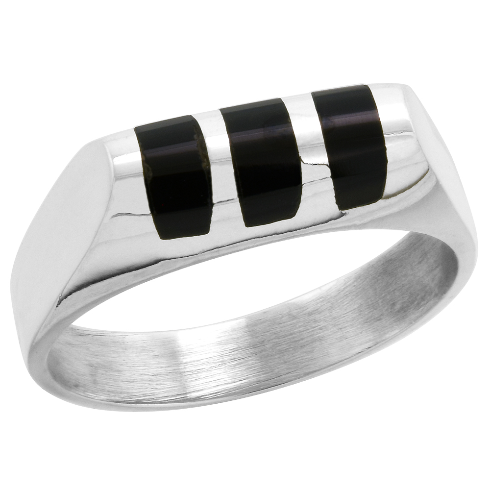 STERLING SILVER BLACK OBSIDIAN RING FOR MEN HALF TUBE 3 STRIPES SOLID BACK HANDMADE SIZES 7 - 10