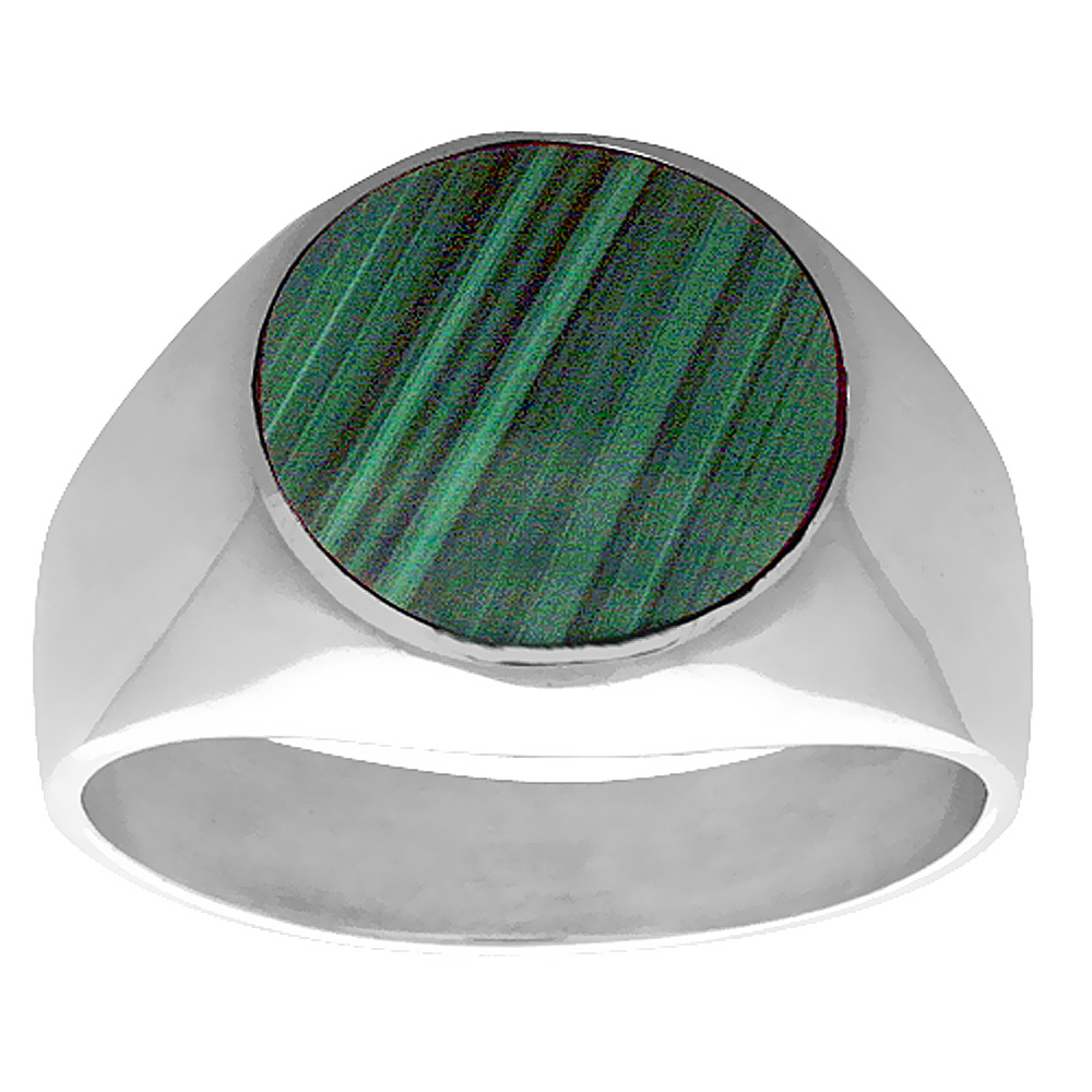 Sterling Silver Malachite Ring for Men Round Low Domed Solid Back Handmade sizes 8 - 14