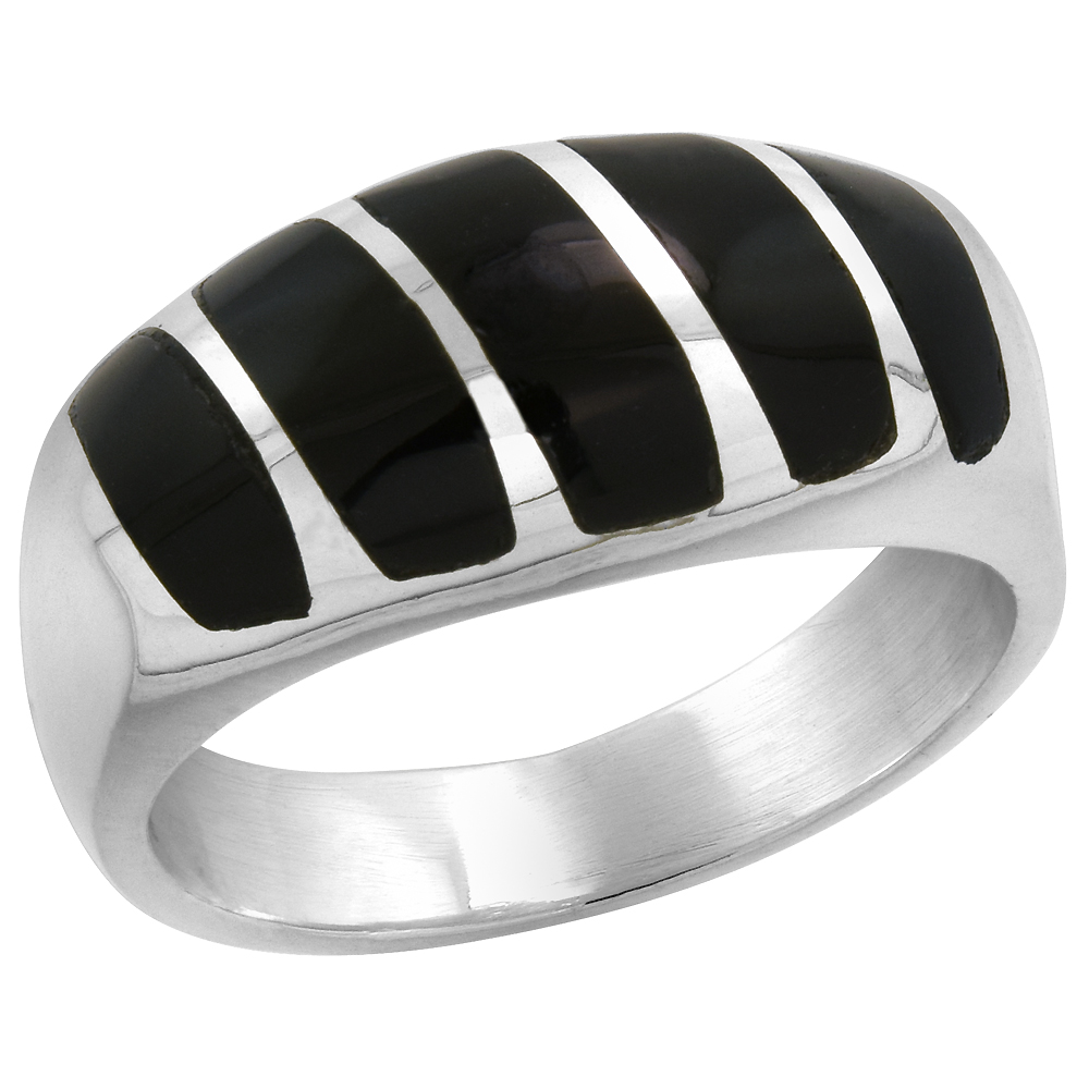 Sterling Silver Black Obsidian Ring for Men Oval Diagonal Stripes Solid Back Handmade sizes 8 - 14
