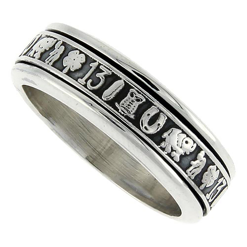 8MM STERLING SILVER MENS SPINNER RING GOOD LUCK CHARMS DESIGNS HANDMADE 5/16 WIDE