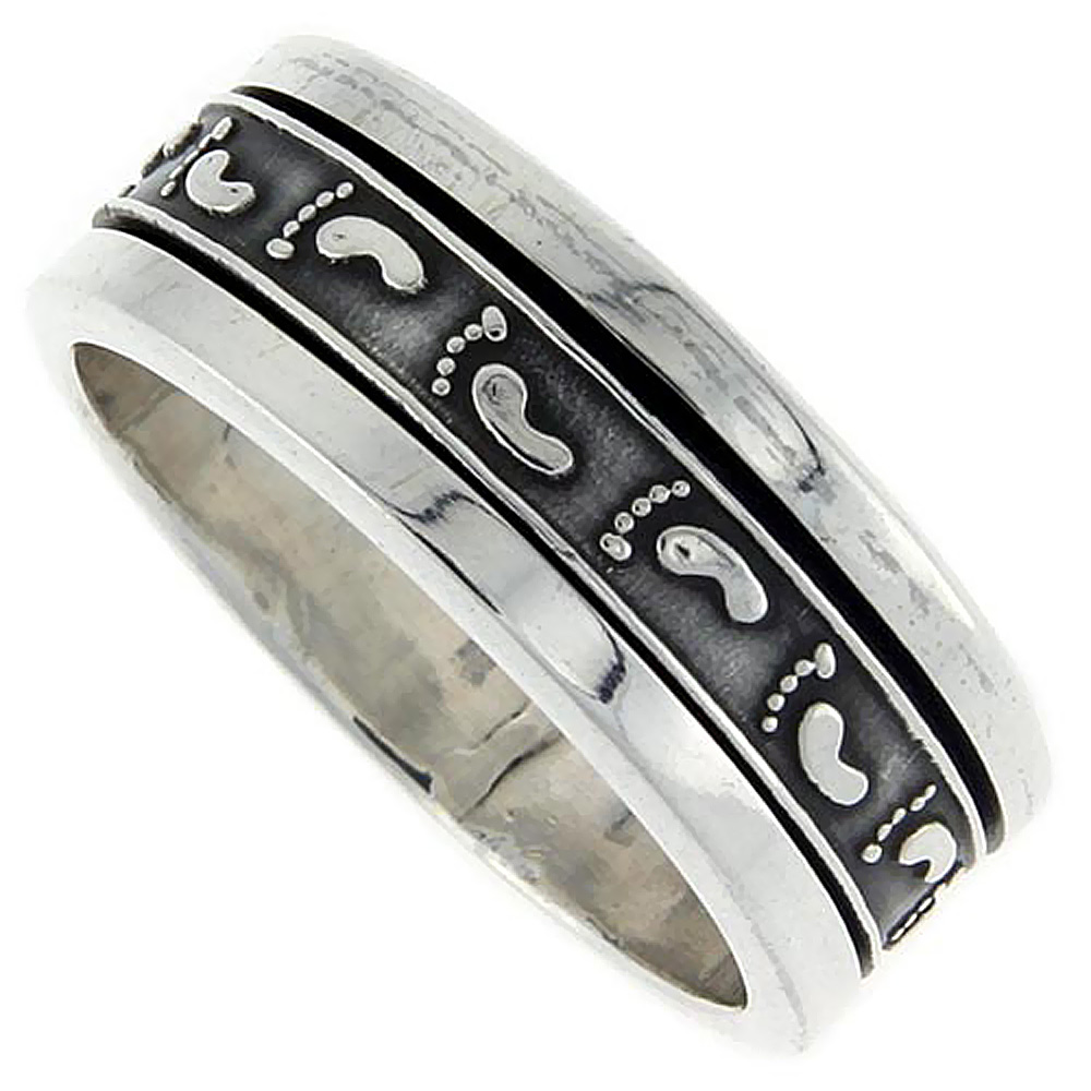 10MM STERLING SILVER MENS SPINNER RING FOOTPRINTS PATTERN EMBOSSED HANDMADE 3/8 INCH WIDE