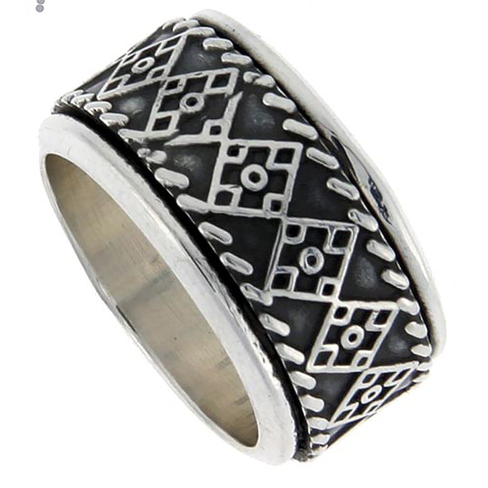 13MM STERLING SILVER MENS SPINNER RING QUILT DESIGN HANDMADE 1/2 INCH WIDE