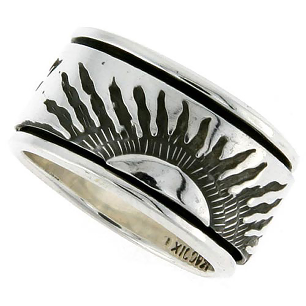 12mm Sterling Silver Mens Spinner Ring Sun Rays Design Handmade 1/2 inch wide