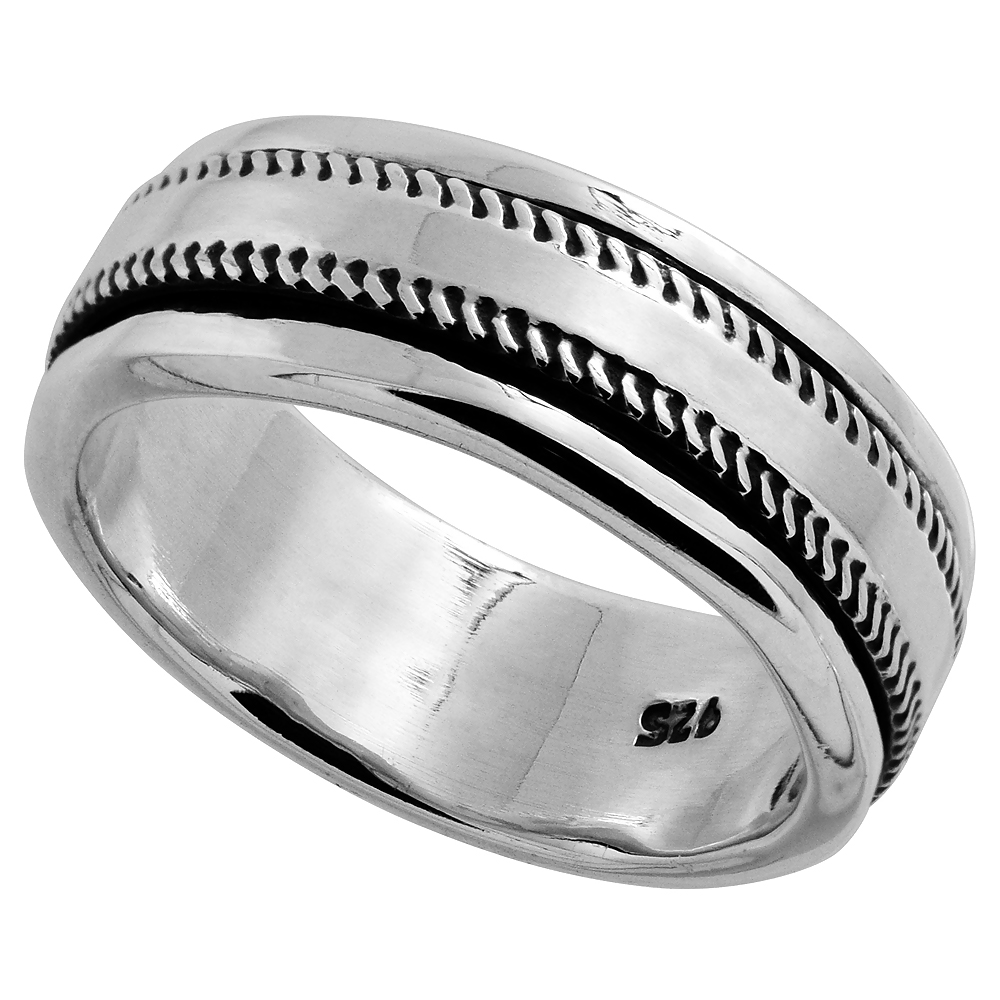 8MM STERLING SILVER MENS SPINNER RING ROPE EDGE DESIGN HANDMADE 5/16 INCH WIDE SIZE 7 - 13