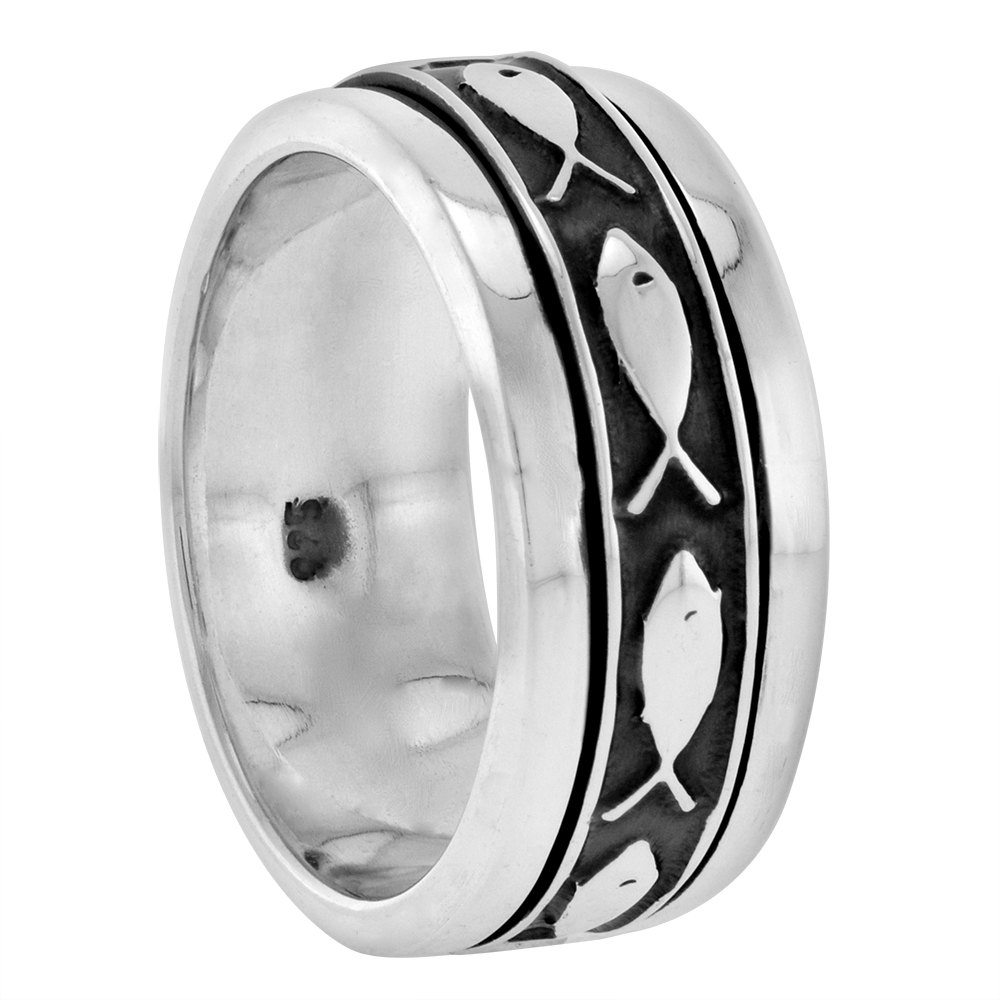 10mm Sterling Silver Ichthys Spinner Ring Christian Fish Design Handmade 3/8 inch wide size 8 - 14