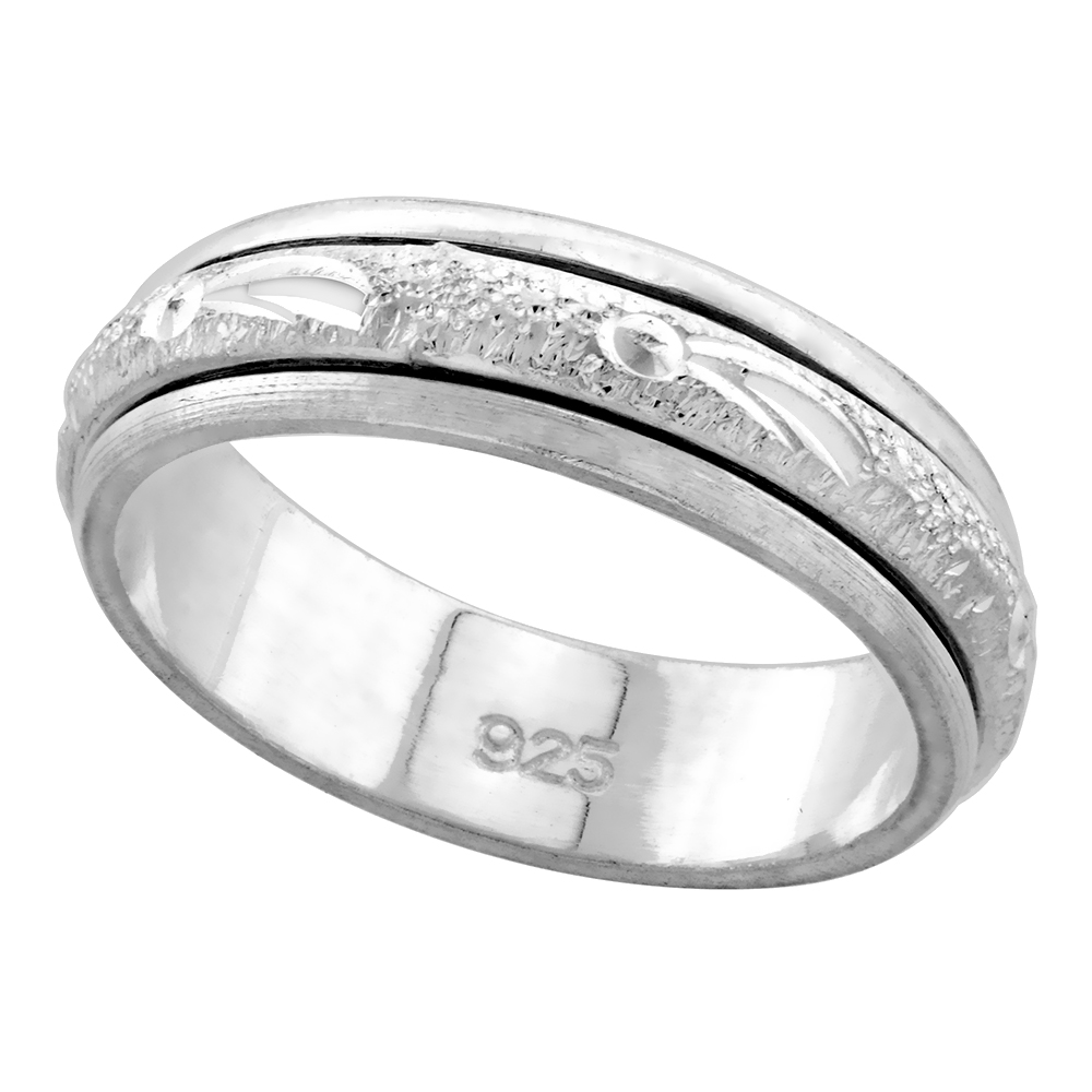STERLING SILVER DIAMOND CUT DOMED 5MM SPINNER RING WEDDING BAND FOR WOMEN AND MEN HIGH POLISHED 1/4 INCH WIDE