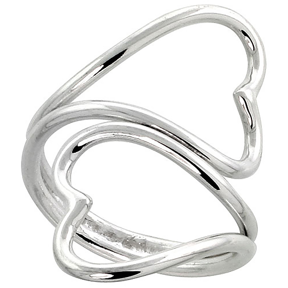 STERLING SILVER WIRE WRAP RING FOR WOMEN LONG HEARTS BYPASS HANDMADE 1 1/4 INCH LONG SIZES 6 - 10