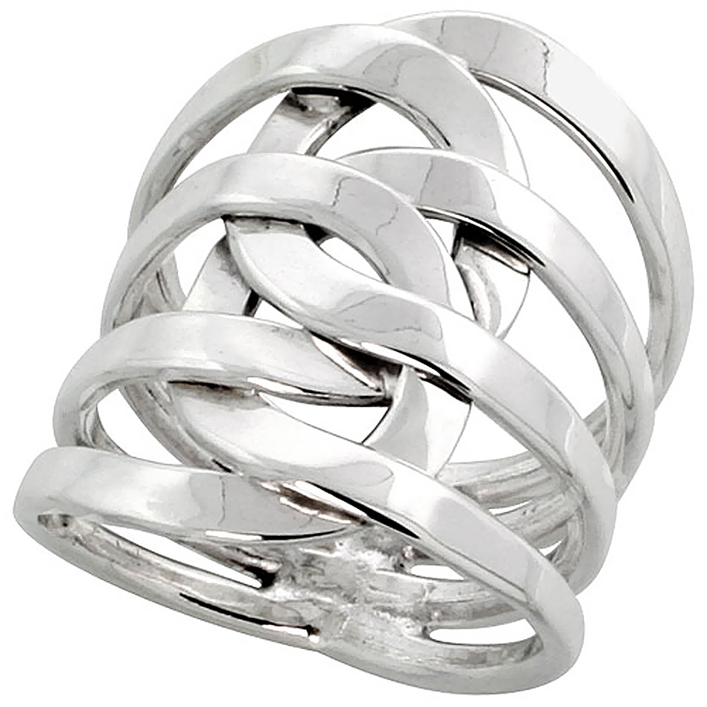 STERLING SILVER WIRE WRAP RING FOR WOMEN INTERLOCKING LOOPS BYPASS HANDMADE 1 INCH LONG SIZES 6 - 10