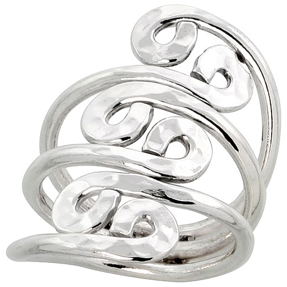 Sterling Silver Wire Wrap Ring for Women Hammered Swirls Bypass Handmade 1 1/8 inch long sizes 6 - 10