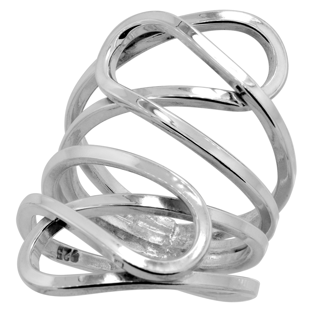STERLING SILVER WIRE WRAP RING FOR WOMEN ABSTRACT PATTERN HANDMADE 1 1/4 INCH LONG SIZES 6 - 10