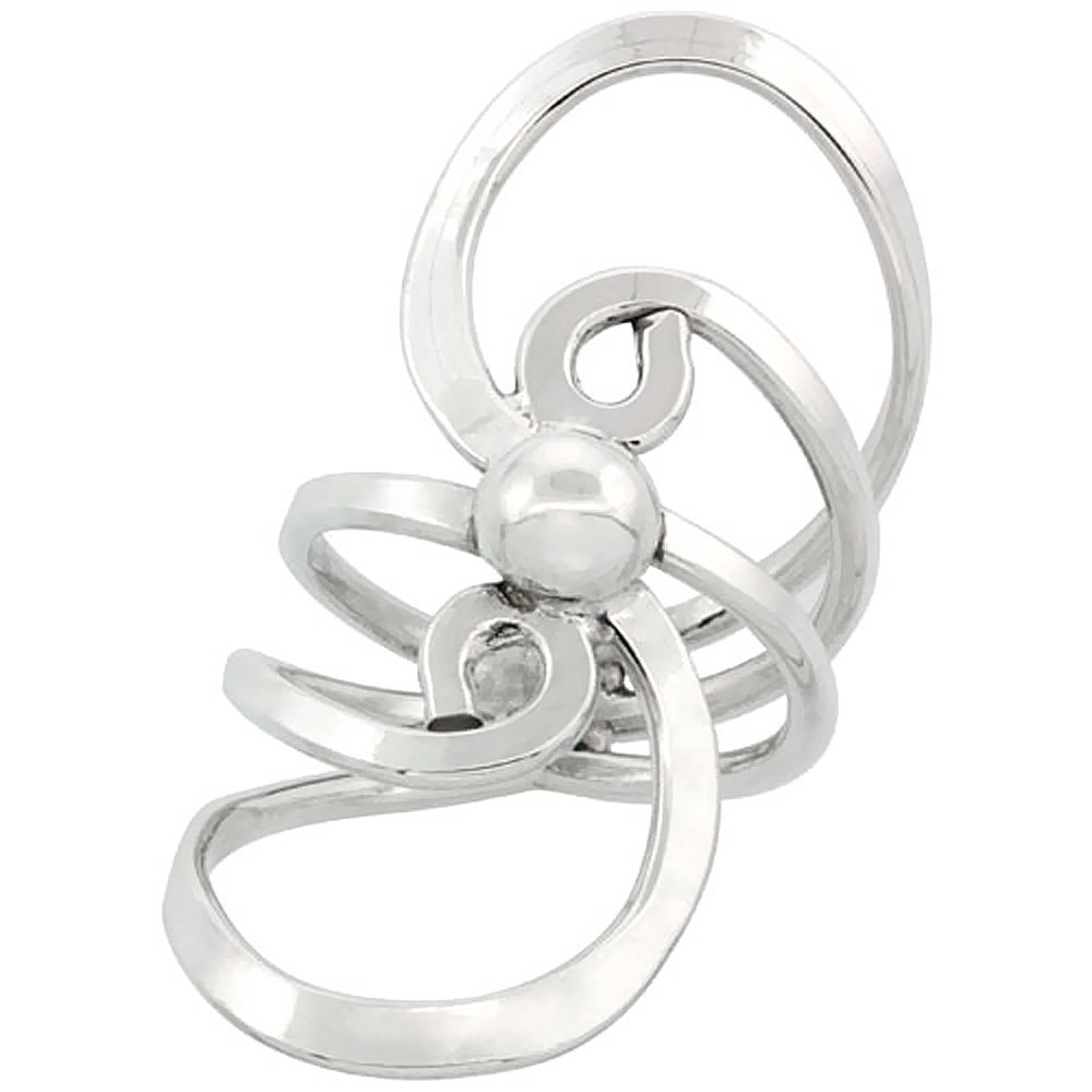 STERLING SILVER WIRE WRAP RING FOR WOMEN SWIRL CENTERED WITH HALF A BALL HANDMADE 1 9/16 INCH LONG SIZES 6-10