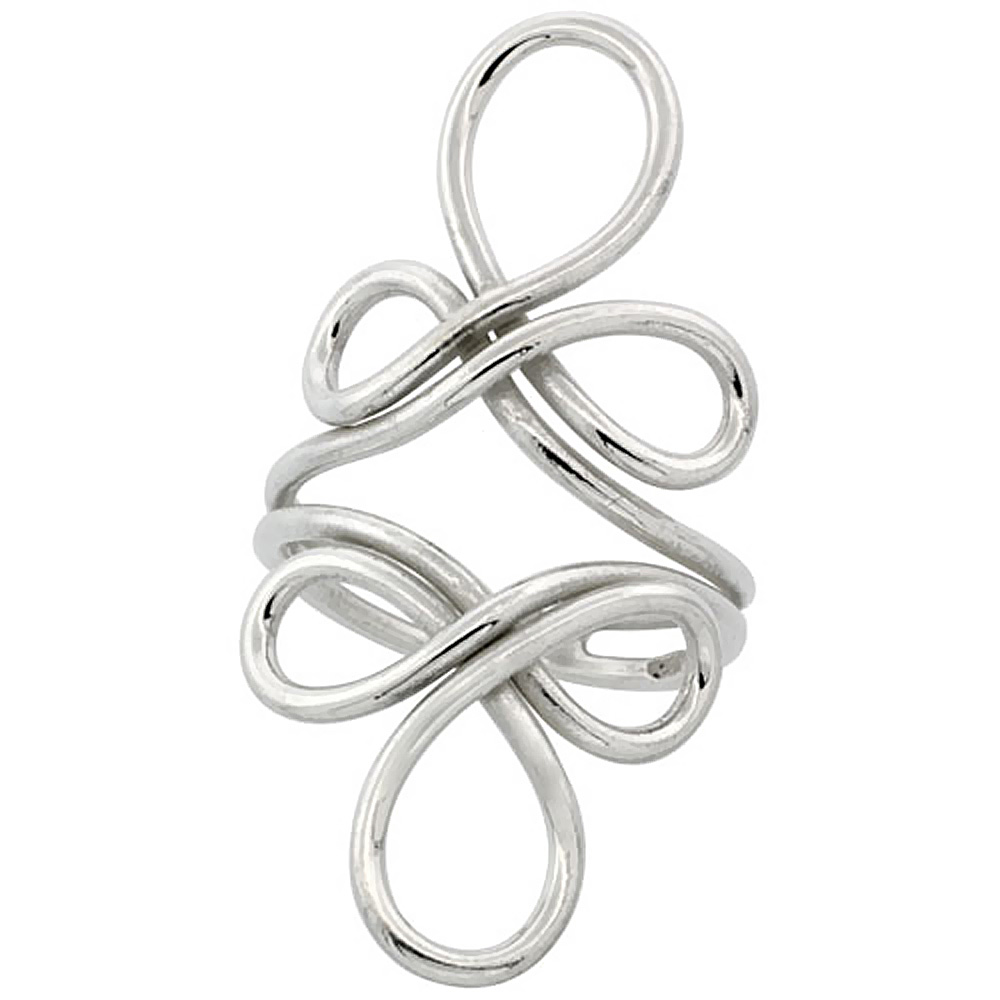 STERLING SILVER WIRE WRAP RING FOR WOMEN 3 PETAL FLOWERS HANDMADE 1 5/8 INCH LONG SIZES 6 - 10