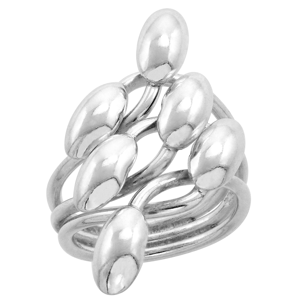 Sterling Silver Wire Wrap Ring for Women Rice Beads Bypass Handmade 1 1/4 inch long, sizes 6 - 10