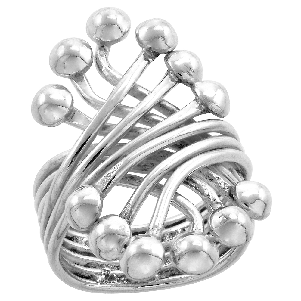 Sterling Silver Wire Wrap Ring for Women Bypass Bead Cluster Handmade 1 3/16 inch long, sizes 6 - 10
