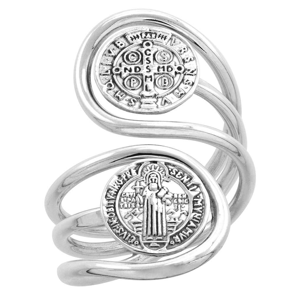 Sterling Silver St Benedict Ring for Women Wire Wrapped 2 Medals Bypass Handmade 1 1/4 inch long, sizes 6 - 10
