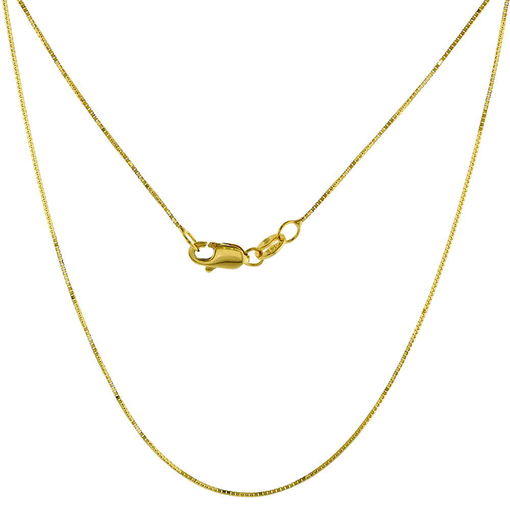 Real 14K Yellow Gold 0.5mm Box Chain Necklace for Women Strong Lobster Clasp High Polished 16-22 inch