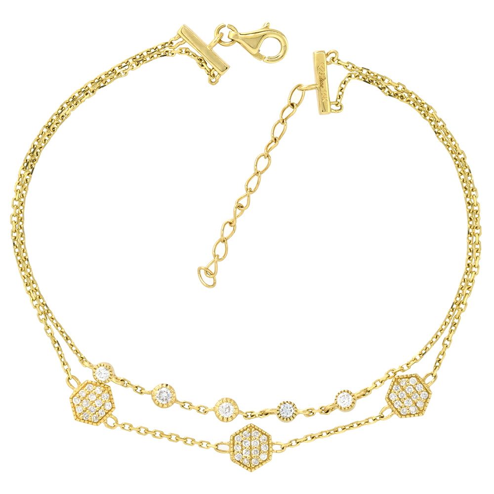 14K YELLOW GOLD DIAMOND DAINTY HEXAGON AND CIRCLES BRACELET FOR WOMEN DAINTY 5/16 INCH WIDE 7 TO 8 INCH