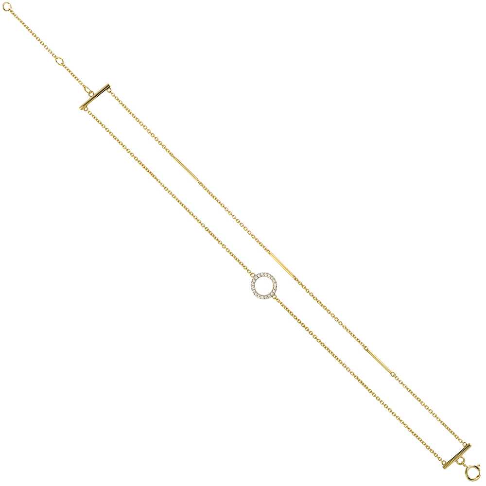 DAINTY 14K YELLOW GOLD DIAMOND KARMA CIRCLE AND BAR DOUBLE LAYERED BRACELET FOR WOMEN 0.10 CT, 7- 8 INCH