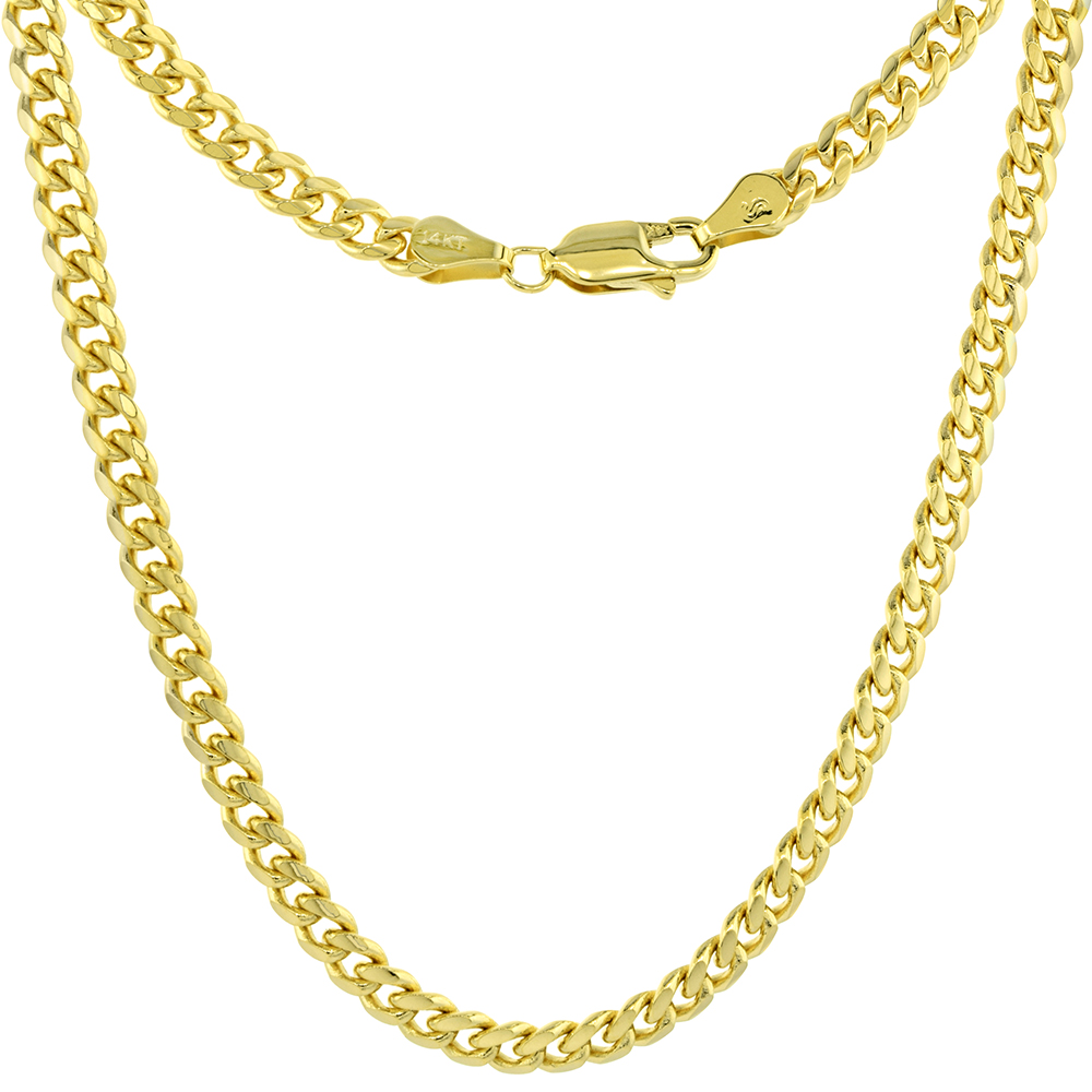Solid 14k Gold 4mm Miami Cuban Link Chain Necklace for Men and Women 22-28 inch